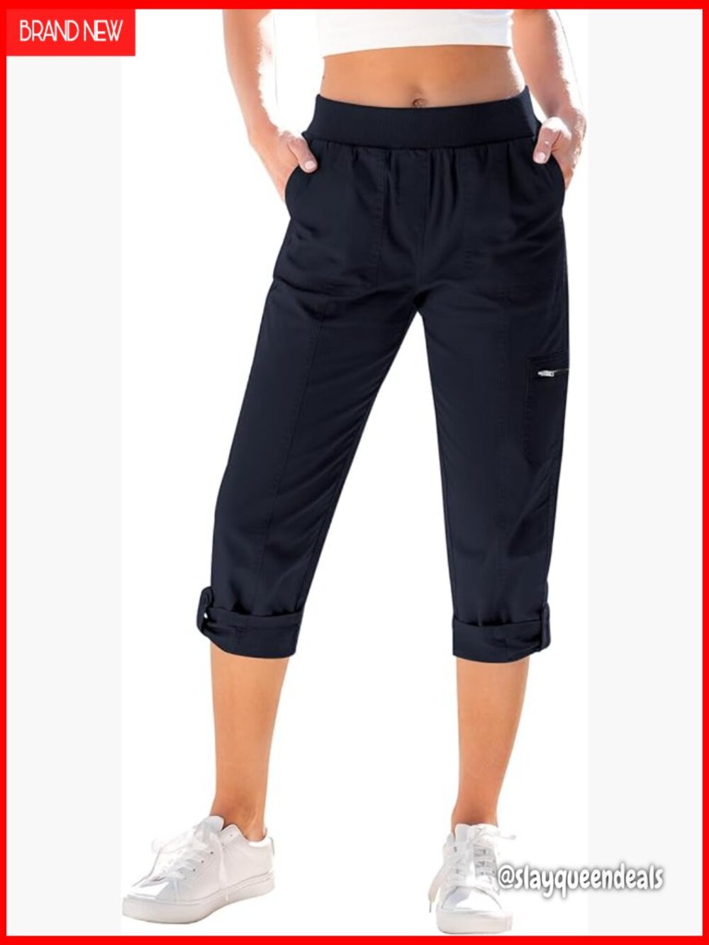 High Waisted Capri Cargo Pants with Pockets, Stretch Twill, Pull On